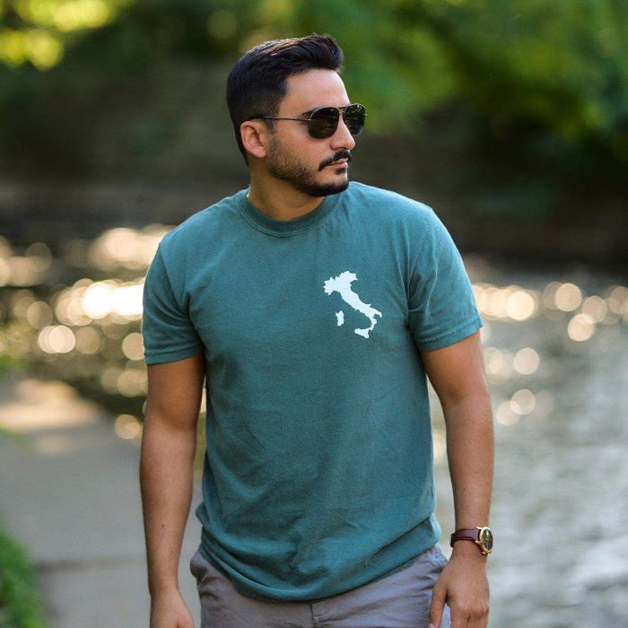 man in sunglasses wearing Italian map shirt